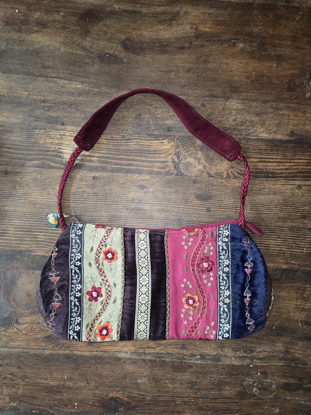 Boho Embroidered Patchwork Shoulder Bag - Burgundy Multi